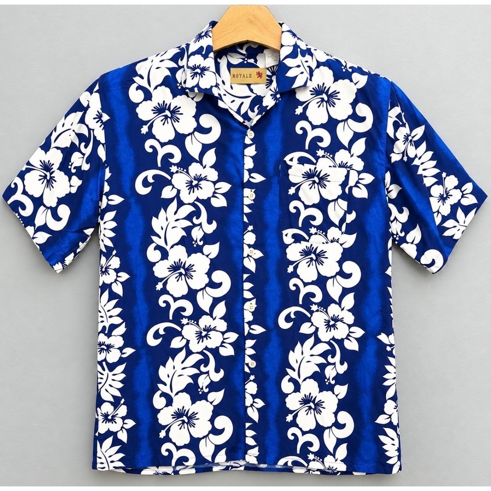VTG Royale aloha short Mens Rayon Hibiscus Floral Hawaiian Short Sleeve L